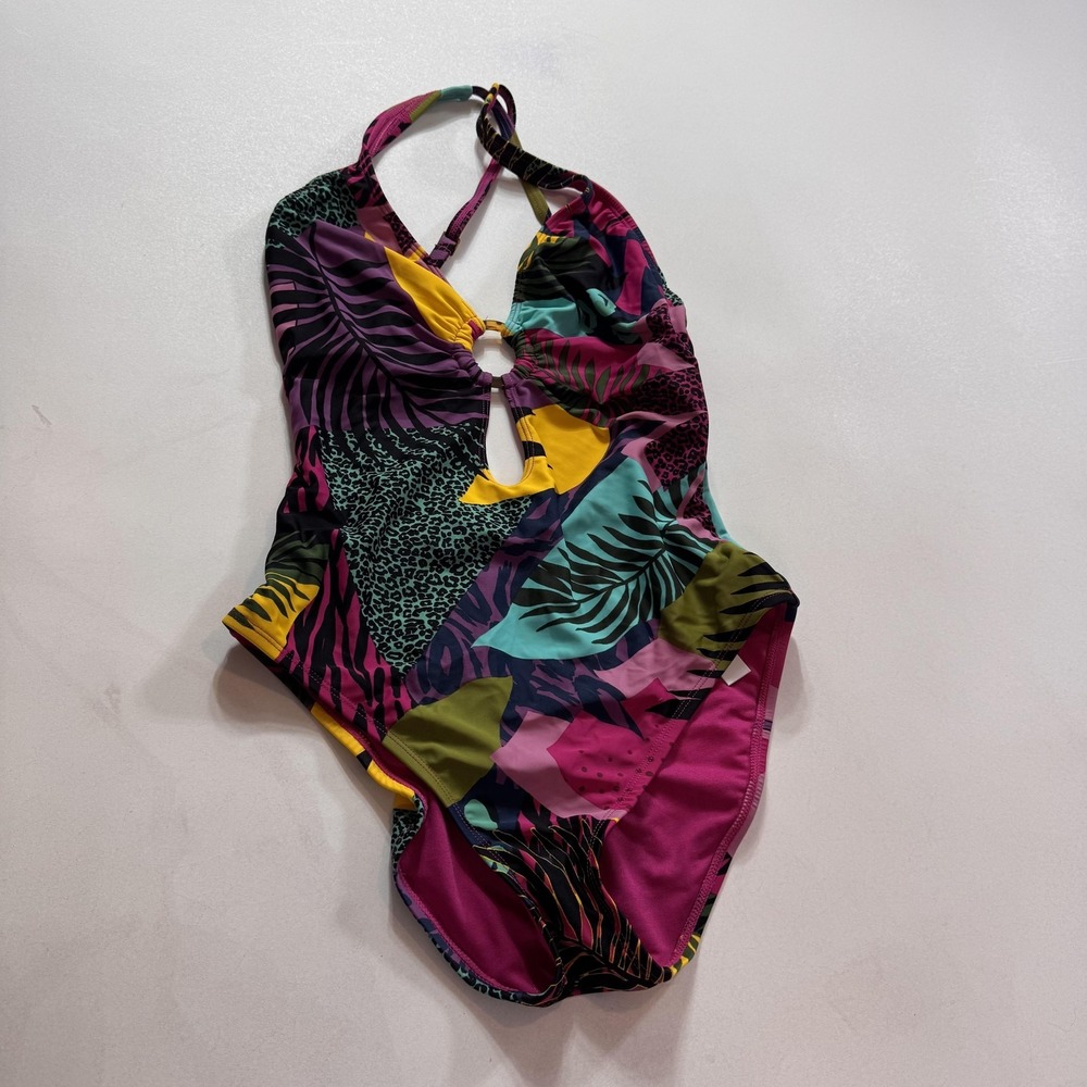 Bleu Rod Beattie Swimsuit Womens 6 Multicolor One Piece Halter Tropical Ring NWT